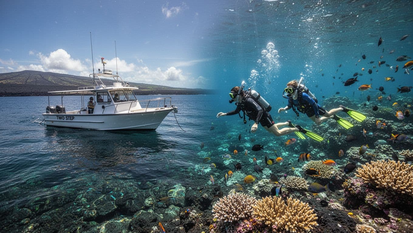 A boat and two snorkelers appear along Hawaii Island's clear volcanic coast.