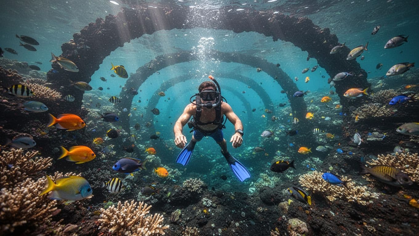 A snorkeler discovers a vibrant colorful coral reef with schools of tropical fish and volcanic lava tubes in crystal-clear turquoise waters off the Kona coast, Big Island Hawaii, captured in dynamic wide-angle from the snorkeler's perspective with cinematic dramatic lighting.