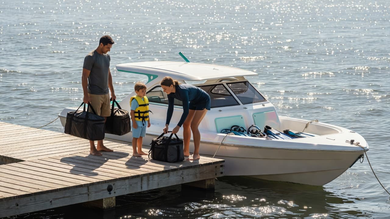A family preparing to board a snorkel boat at a sunny dock in Hawaii.