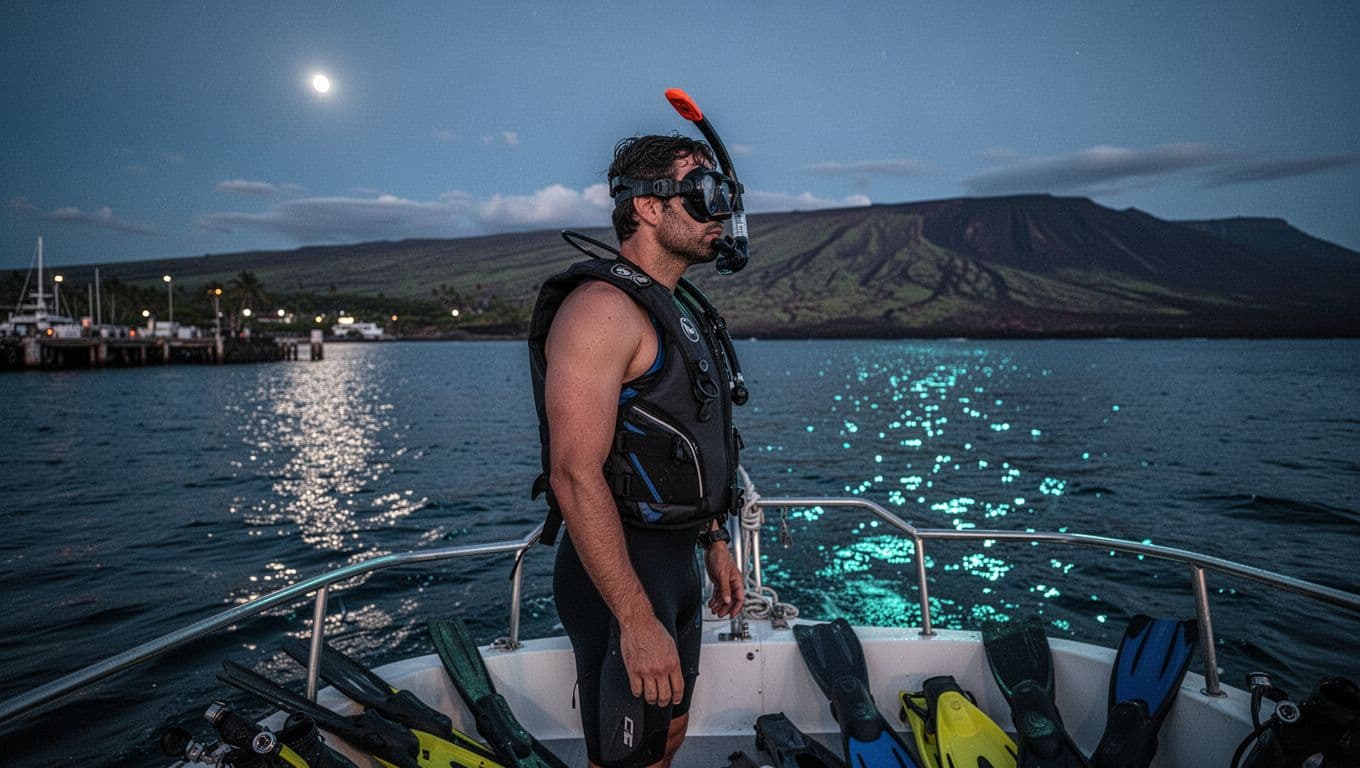 Traveler in snorkeling gear stands on a boat with fins nearby at blue hour.