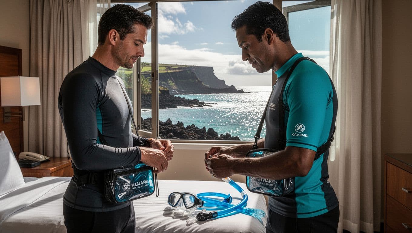 Traveler in a rash guard prepares snorkeling supplies beside a sunny Kona hotel window.