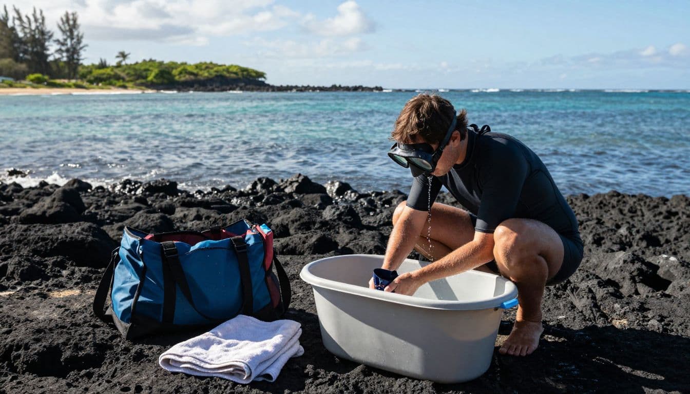 Traveler rinsing a wet swimsuit beside a tub and beach bag on the Kona coast.