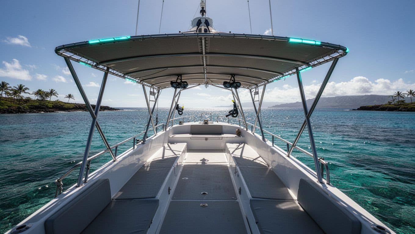 A spacious custom-built vessel rests in a shallow turquoise bay. The expansive overhead canopy creates a cooling shaded retreat across the wooden deck while bright sunlight illuminates the clear tropical water.