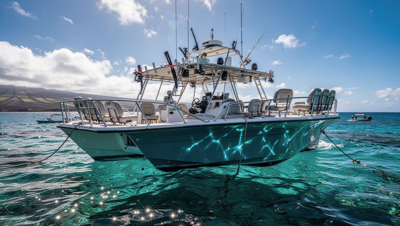 A well-equipped tour boat rests in clear cyan tropical waters near the Kona coastline. Cushioned bench seating lines the deck, while sunlight glints off the calm surface of the sea.