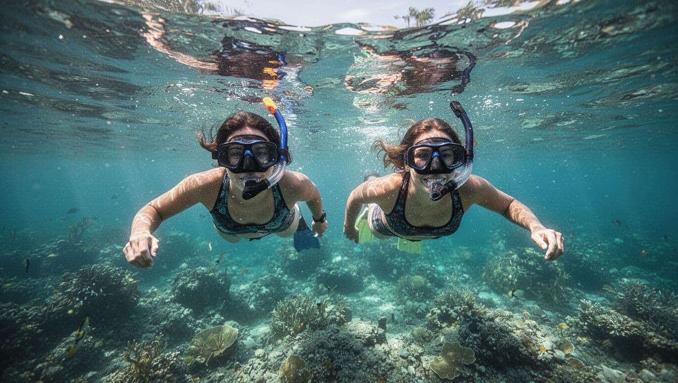 Three snorkelers swim through vibrant, crystal-clear blue waters while wearing masks and breathing tubes. Sunlight filters through the surface, illuminating colorful tropical fish and intricate coral reef structures below them.