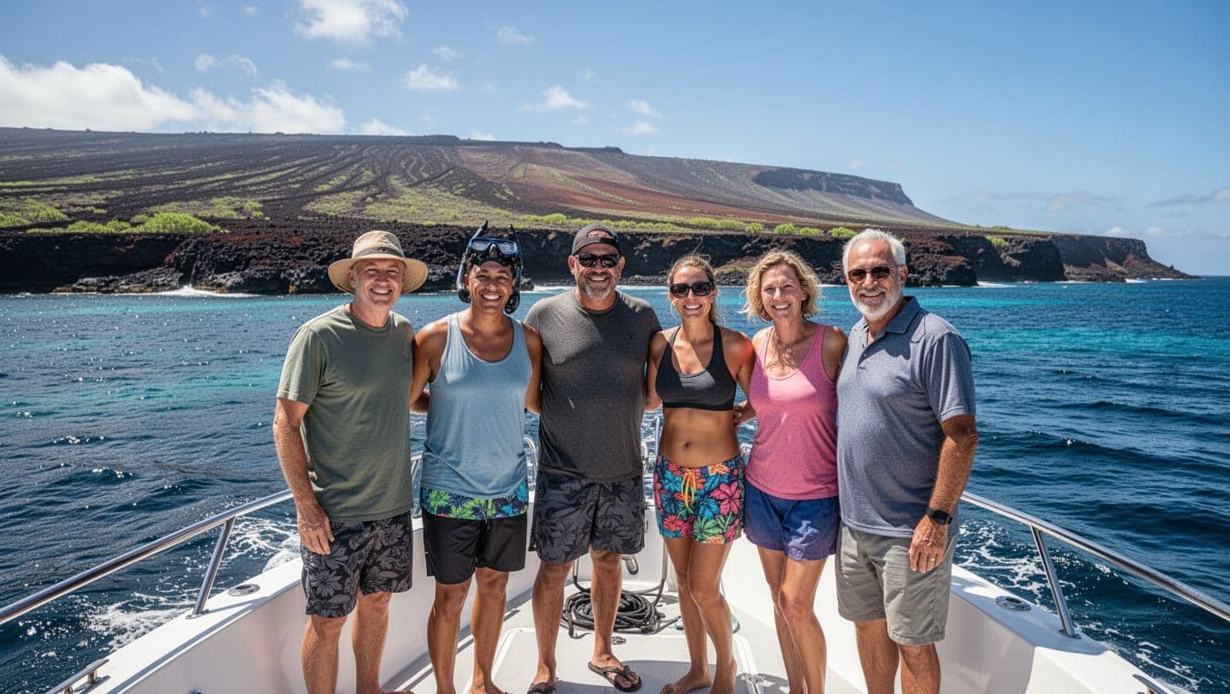 Small diverse group of six tourists on speedboat deck at Honokohau Marina preparing for Kona snorkeling tour with volcanic coastline background on a clear sunny day in Hawaii, cinematic style with excitement.