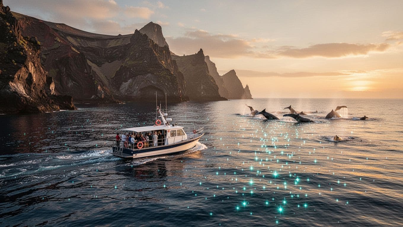 A tour boat cruises past Kona's volcanic coast at sunset with a distant whale.