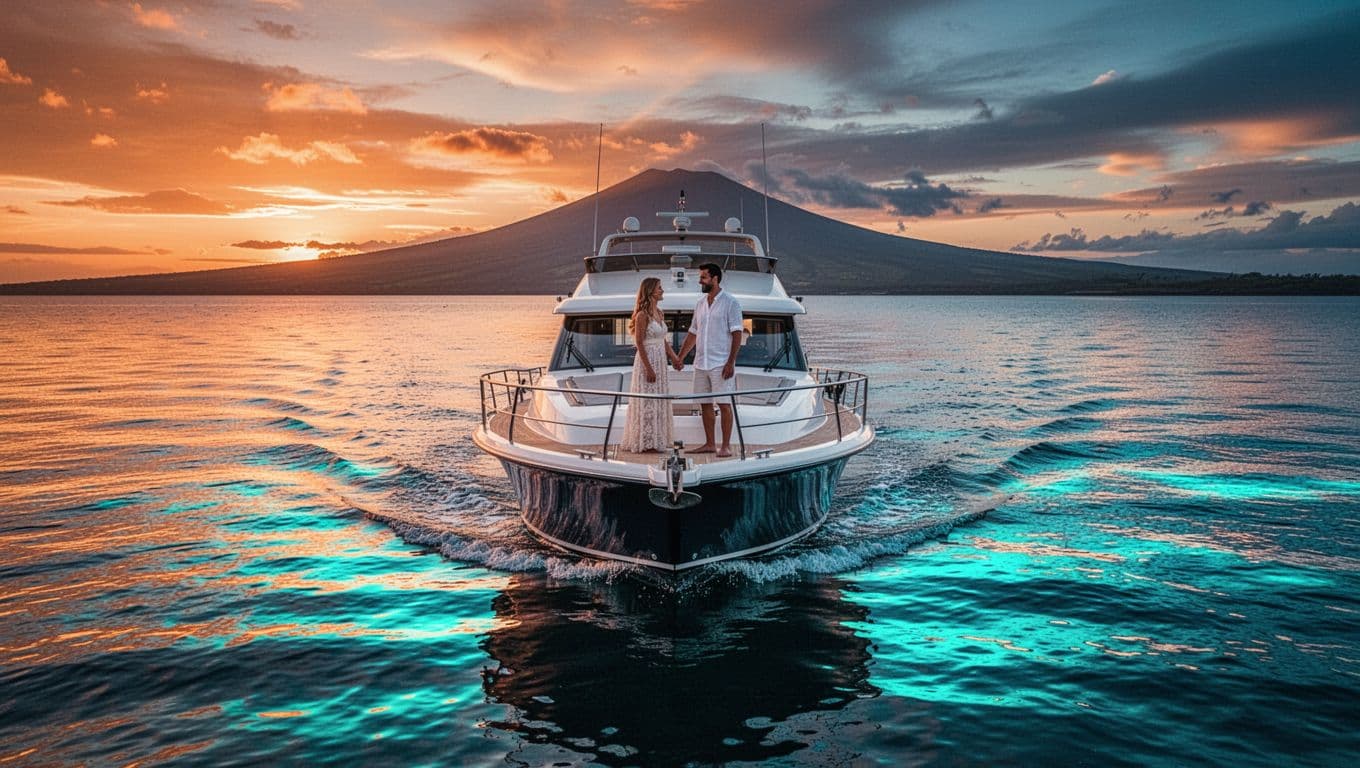 Happy couple holds hands on luxury boat cruising calm Kona waters at sunset with distant volcano silhouette.