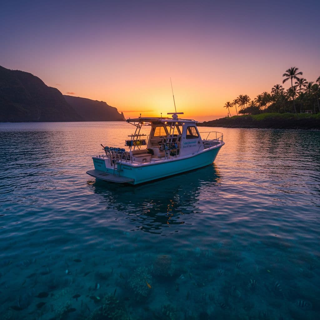 A small tour boat floats on calm azure water within a Hawaiian bay. Vibrant orange sunset light illuminates the horizon while shadows stretch across the pristine turquoise ocean surface nearby.