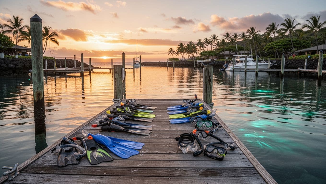 Snorkeling fins and masks sit organized on a weathered wooden pier overlooking the Kona harbor. The golden sunset glow reflects off the gentle ocean waves, highlighting the tranquil evening atmosphere.