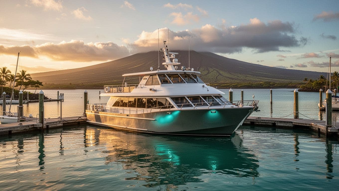 A sleek tour vessel rests at a marina dock while the Hawaiian sunset glows across the harbor. The calm water reflects vibrant orange sky tones contrasted against bright cyan light accents.