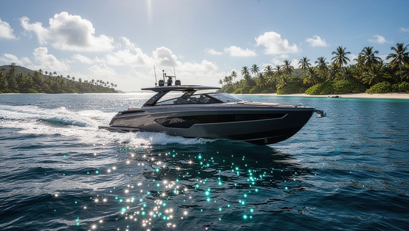 A modern tour boat cruises calm blue ocean waters under a sunny tropical sky.