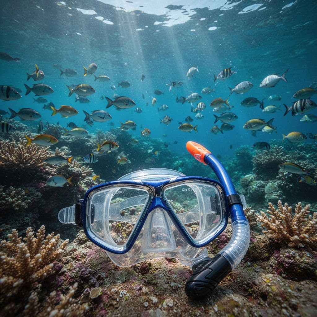 A snorkel mask rests in the foreground while colorful tropical fish swim along a vibrant coral reef.