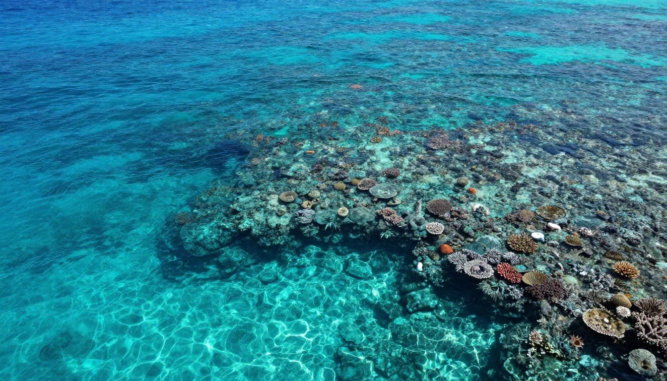 Sunlit turquoise water over a colorful coral reef in Kailua-Kona, Hawaii.