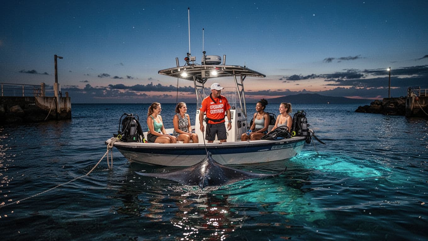 A tour boat with four passengers and a guide floats off Kona at twilight.