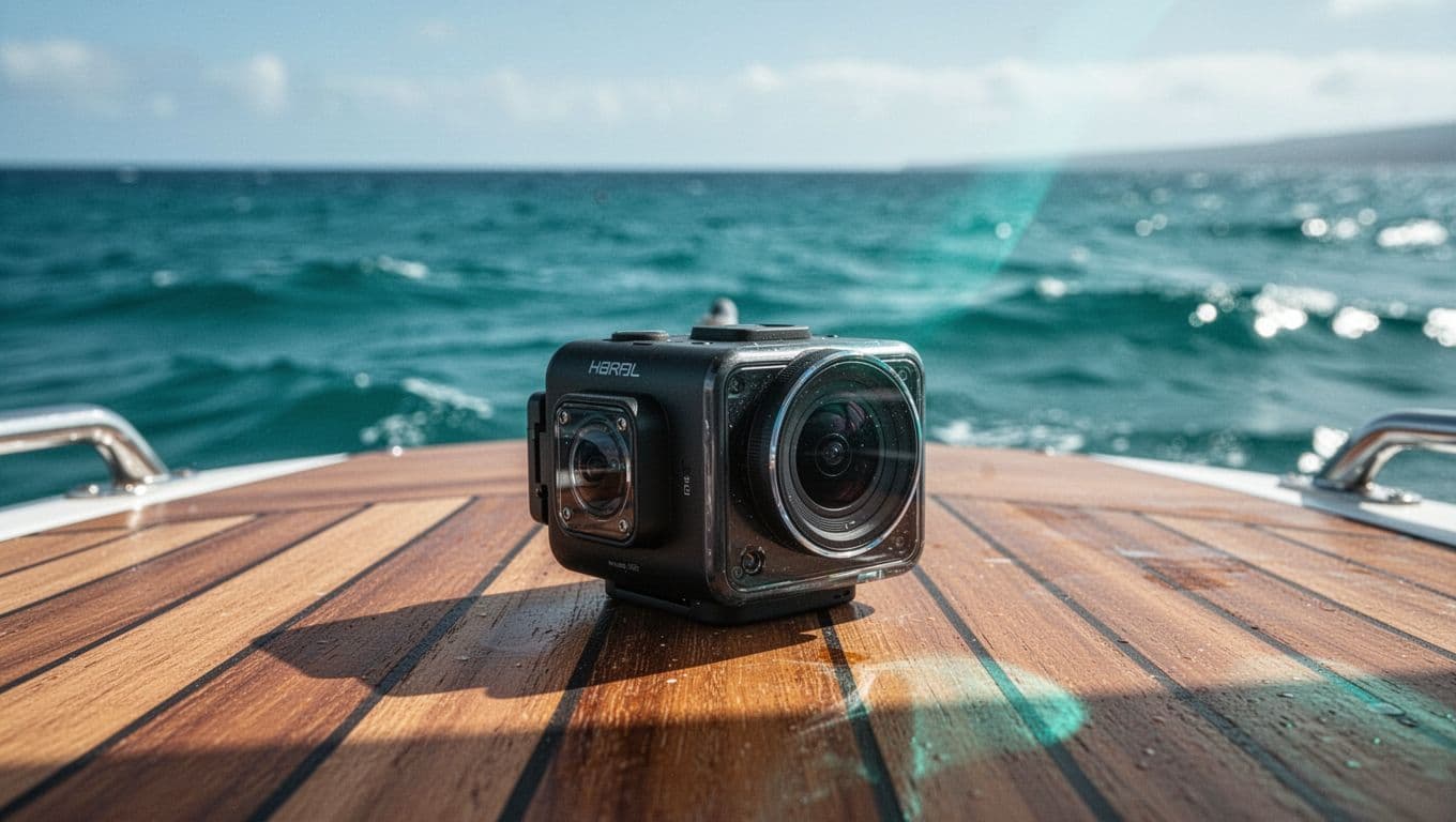 An underwater camera sits on a boat deck with the ocean behind it.