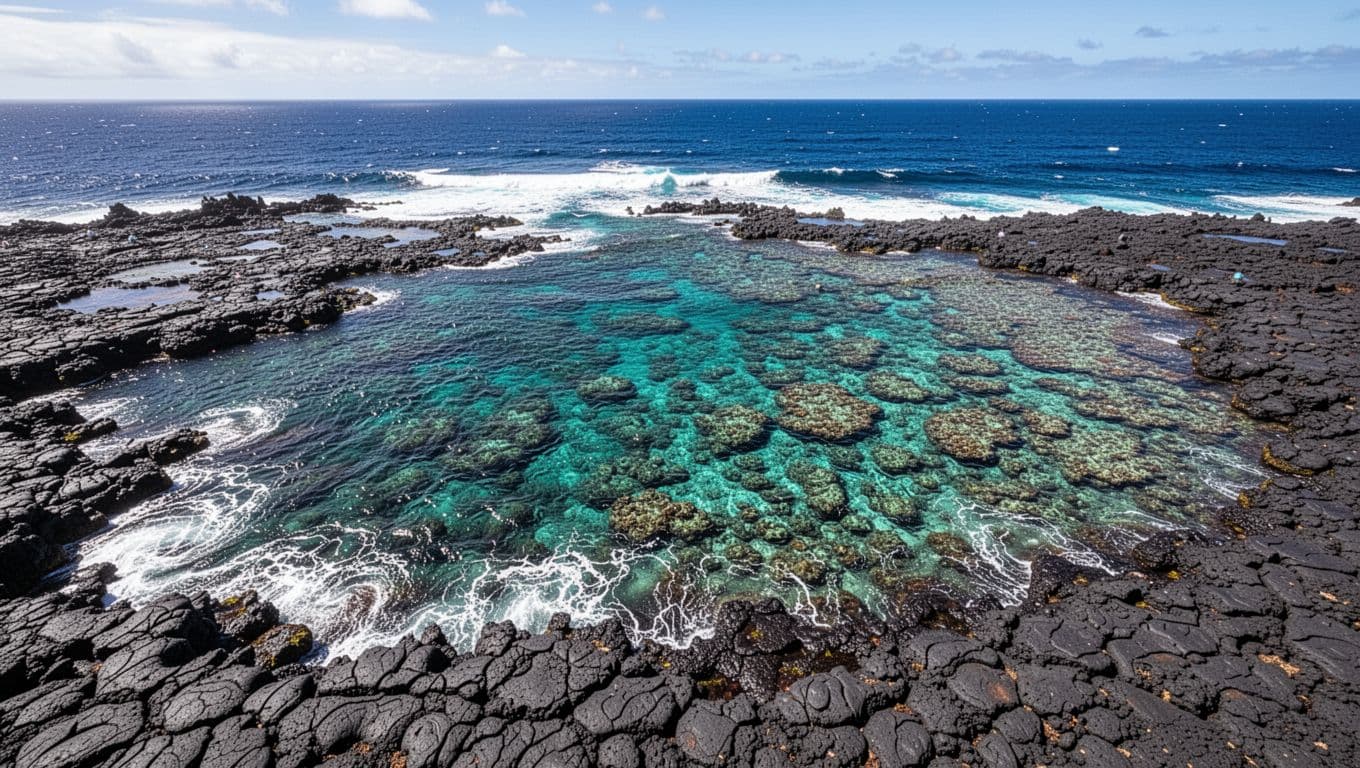Dark blue ocean waves crash against rugged black lava rocks along the Hawaii shore. Below the surface, vibrant coral reefs are clearly visible through the sparkling cyan, crystal clear water.