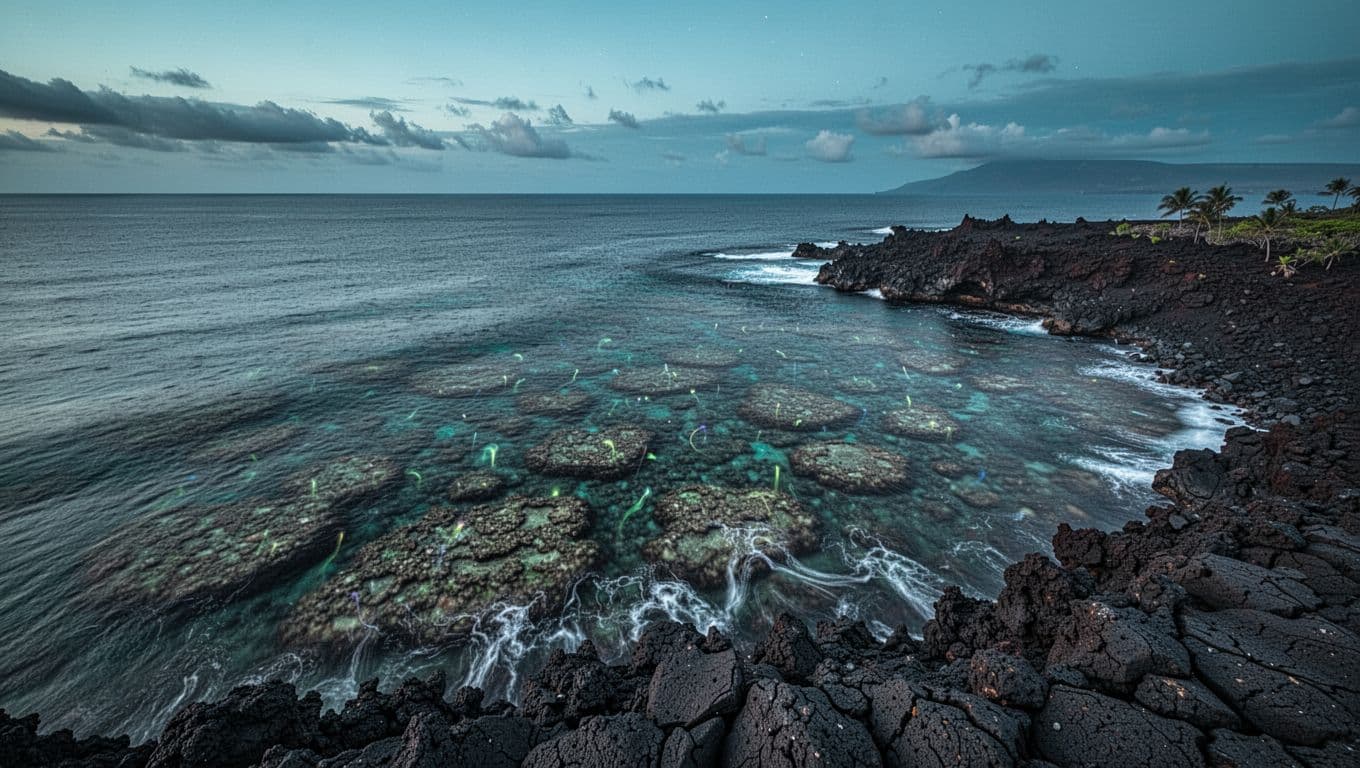 Volcanic Kona, Hawaii coastline at twilight showcasing nutrient-rich ocean waters with visible reefs and subtle plankton hints below the surface, rendered in cinematic style with strong contrast, depth, and dramatic lighting.