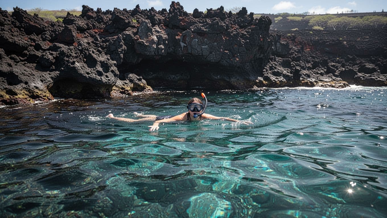 One snorkeler swims beside dark volcanic rocks in clear turquoise water.