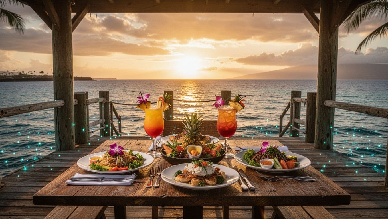 A waterfront dining table with tropical drinks and fresh food at sunset.