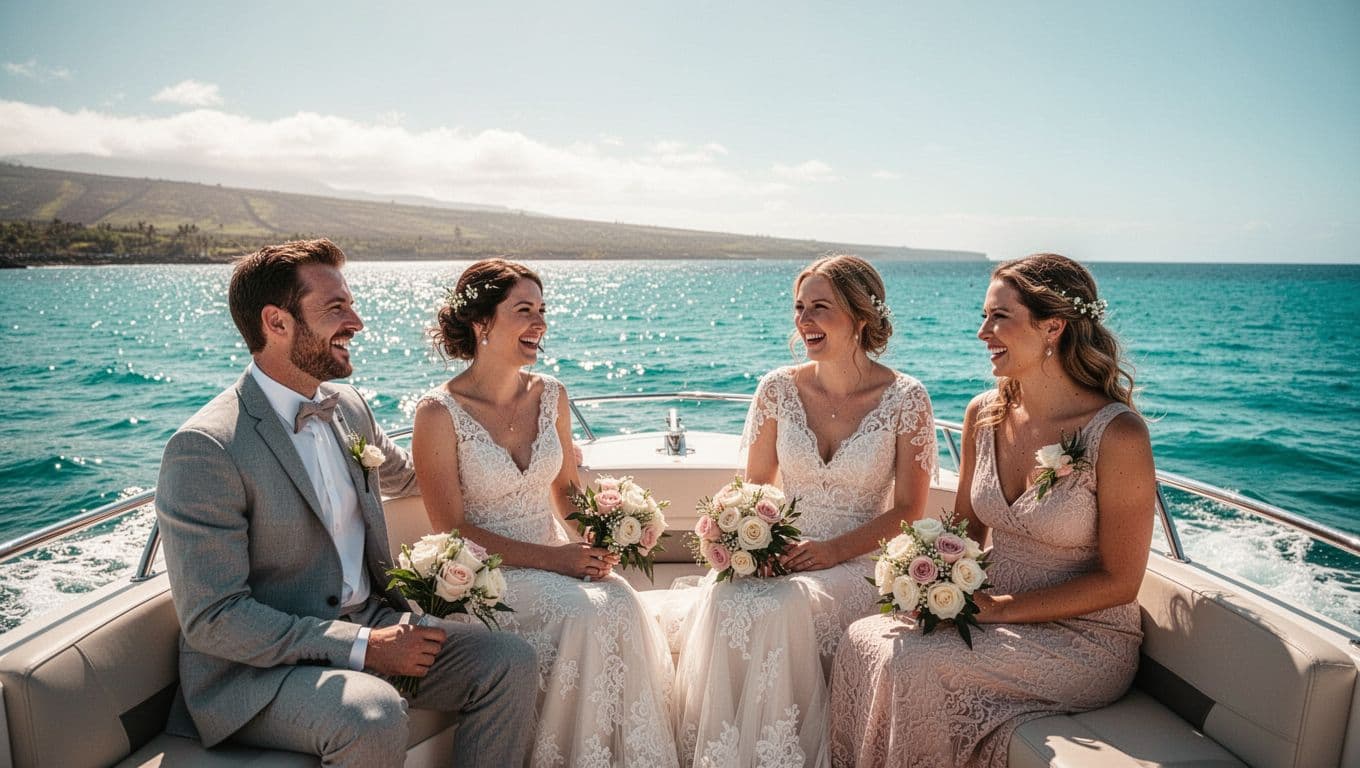 Four wedding guests relaxing together during a sunny boat tour on turquoise waters.
