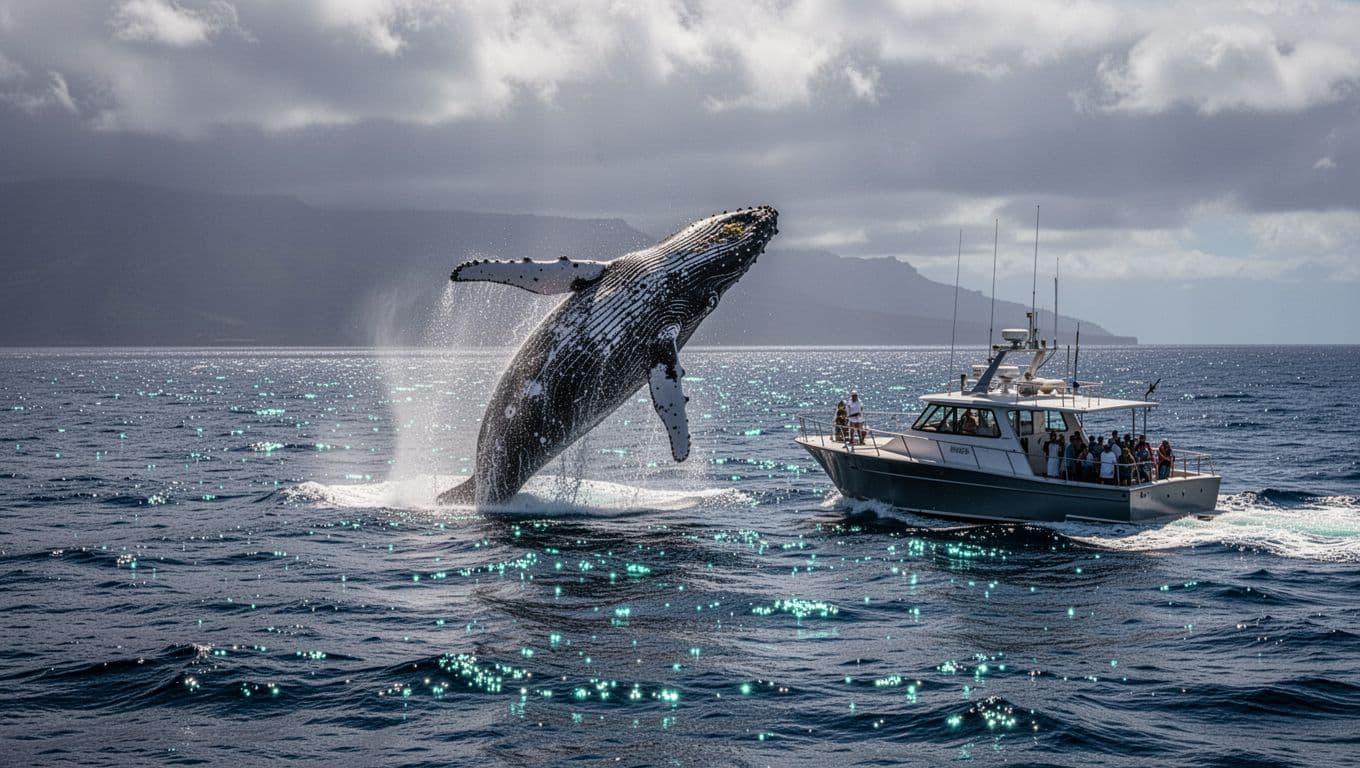 A humpback whale breaches beside a tour boat in Kona's blue ocean.