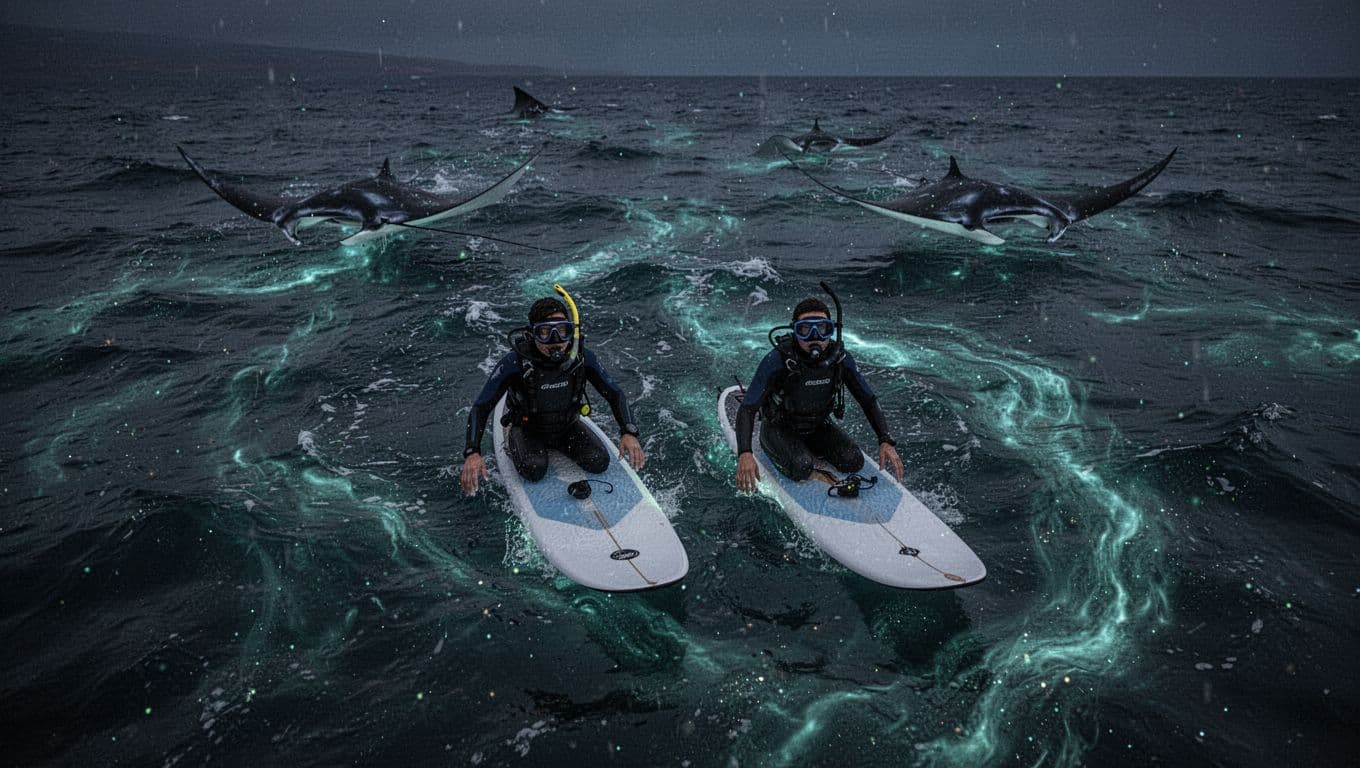 Two snorkelers on lighted boards in choppy night ocean off Kona, faint mantas in swirling plankton.