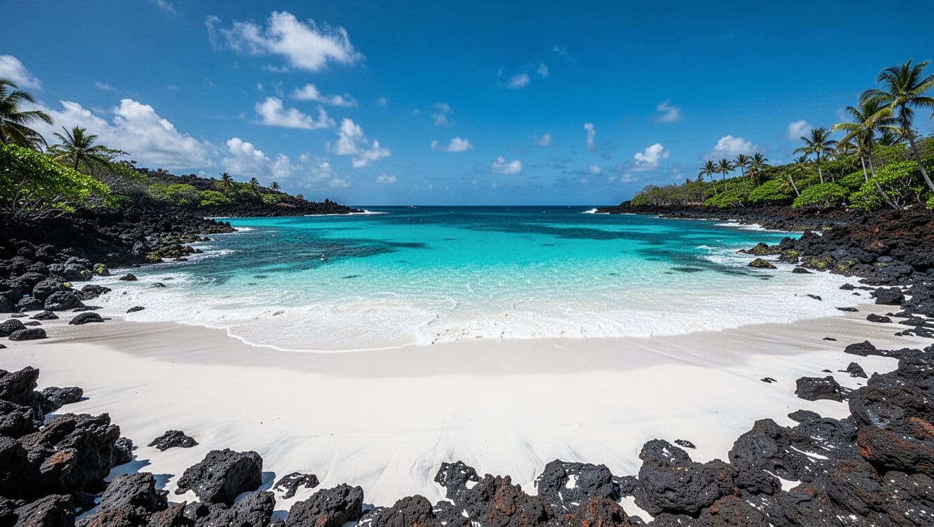 Bright white sand meets crystal clear turquoise water at Kua Bay. Dark volcanic lava rocks frame the shoreline, creating a dramatic contrast against the vibrant tropical ocean and bright sunlight.