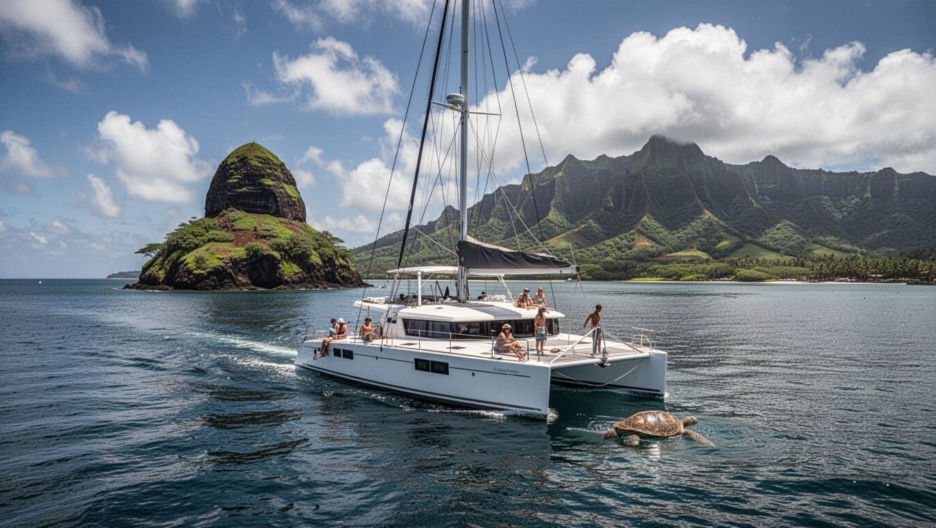 Catamaran sails in Kaneohe Bay with Mokoli'i Island and Ko'olau mountains visible.