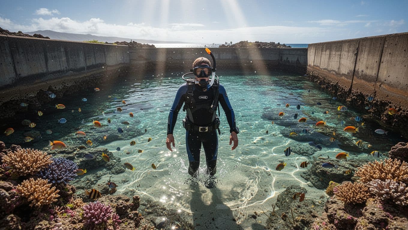 A relaxed snorkeler enters the calm turquoise lagoon at Kuhio Beach in Waikiki, Oahu, Hawaii, near a concrete seawall, with vibrant coral reef and colorful fish visible in the shallow clear water under dramatic sunlight rays.