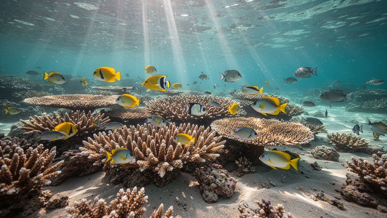Underwater view of shallow coral reef at Kuhio Beach, Waikiki, Oahu, Hawaii, featuring branching and table corals with yellow tangs, surgeonfish, and damselfish in turquoise water with sunbeams.