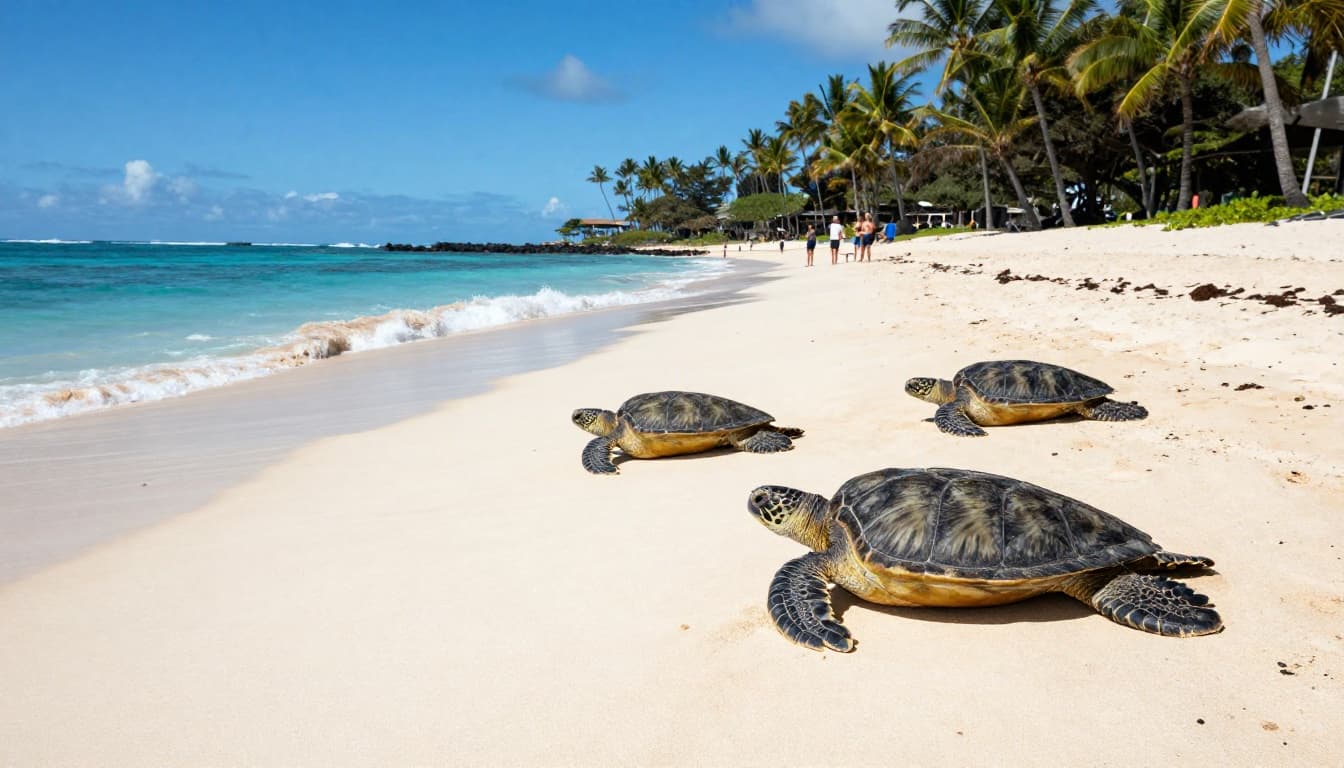 Sunny cinematic scene at Laniakea Beach on Oahu shows exactly three green sea turtles resting on white sand shore with gentle waves, distant observers, palm trees, and clear blue sky with dramatic lighting and strong contrast.