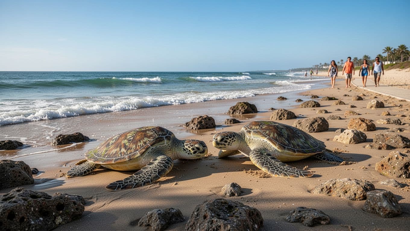 Calm beach scene at Laniakea Beach, Oahu, with exactly two green sea turtles resting on the sandy shore among rocks, gentle waves, distant observers on beach path, clear blue sky, cinematic style.