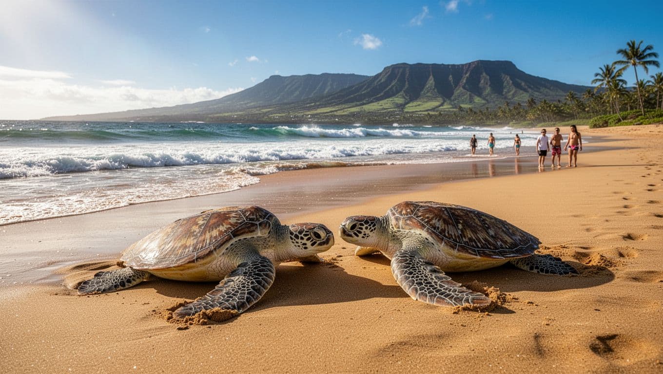 Two turtles bask on golden sands at Laniakea Beach with calm waves and distant North Shore mountains under clear blue sky.