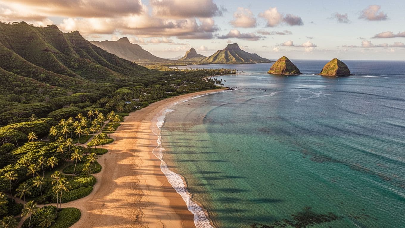Aerial view of Lanikai Beach, Kailua Bay, turquoise waters, green mountains, golden sand, Mokulua Islands in background at golden hour.