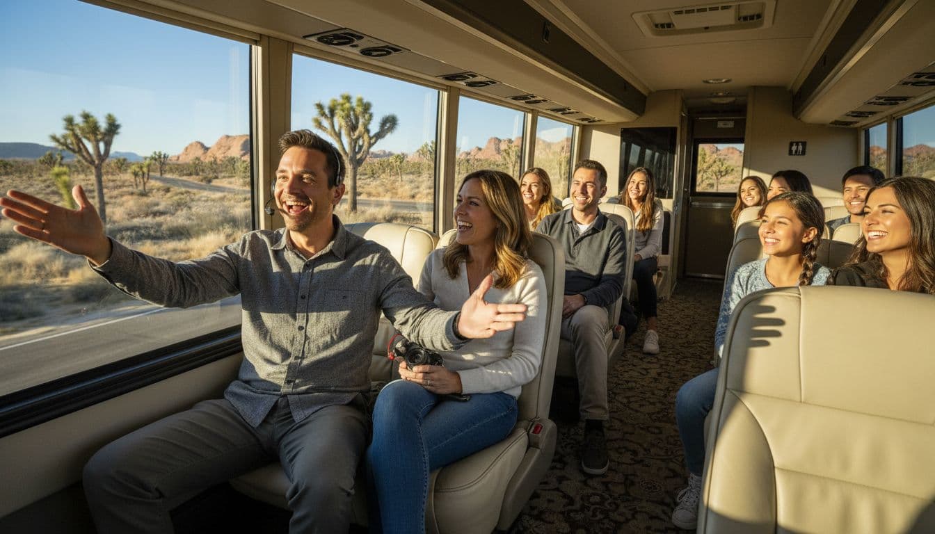 Diverse group of tourists enjoying a luxury bus ride from Las Vegas to Grand Canyon West Rim with an excited comedian guide pointing out desert scenery.