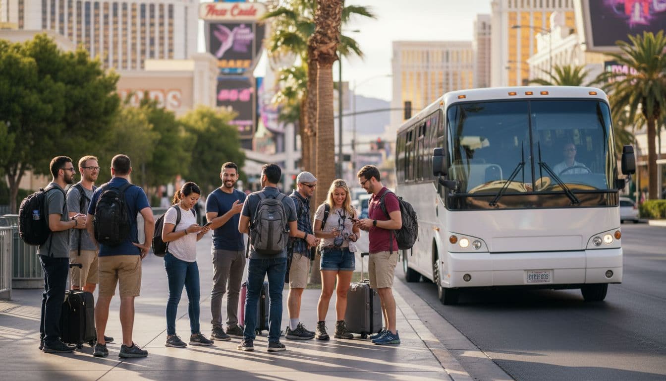 Travelers waiting for a Las Vegas Strip tour bus pickup