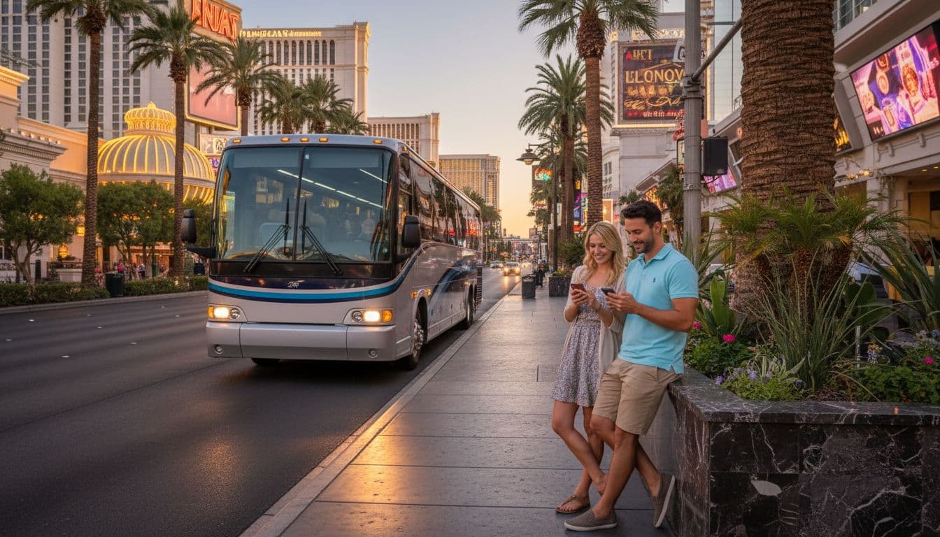 Tourist couple relaxed at Las Vegas Strip hotel valet, checking phones for Grand Canyon tour pickup as luxury bus approaches in dusk-lit background with casino lights.