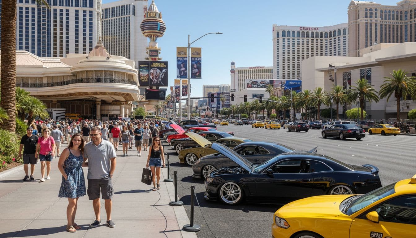 Vibrant daytime scene on the busy Las Vegas Strip during SEMA auto show week, with crowds passing luxury hotels and casinos, Las Vegas Convention Center in the background, and custom cars on display along the street. Exactly two people are visible with relaxed poses in this realistic wide-angle photo.