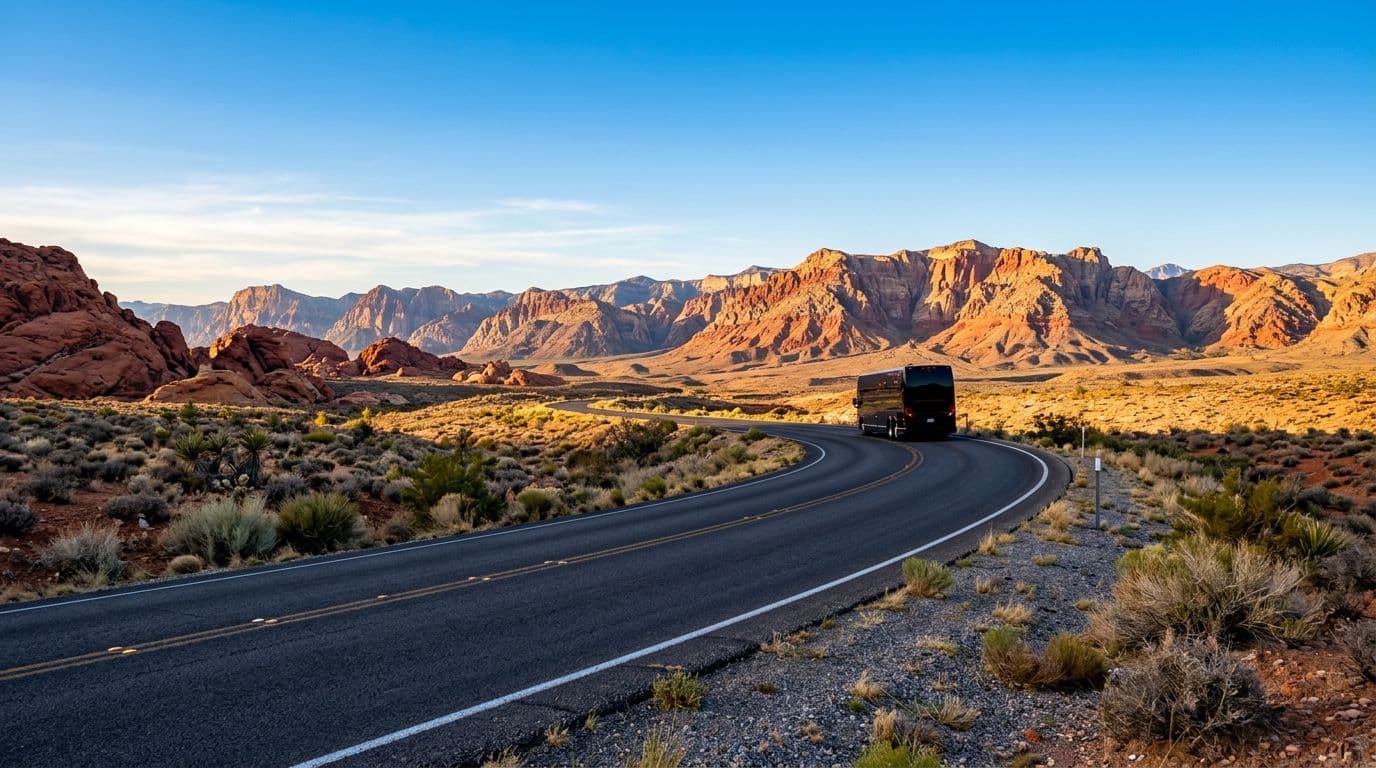 Photorealistic travel scene on a desert highway from Las Vegas to West Rim, featuring a luxury tour bus silhouette amid red rock landscapes under a clear blue sky at golden hour.