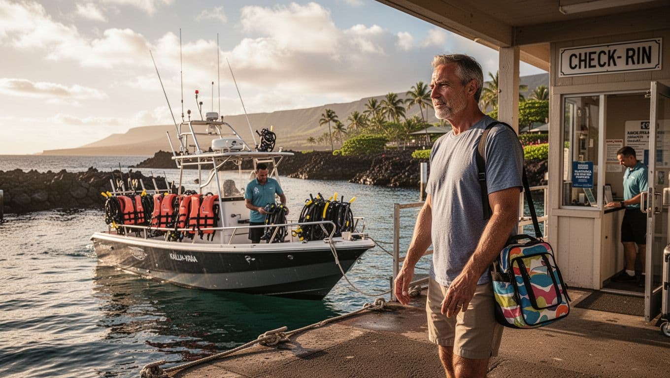 A traveler with a beach bag arrives at a Hawaii marina beside a waiting snorkel boat.