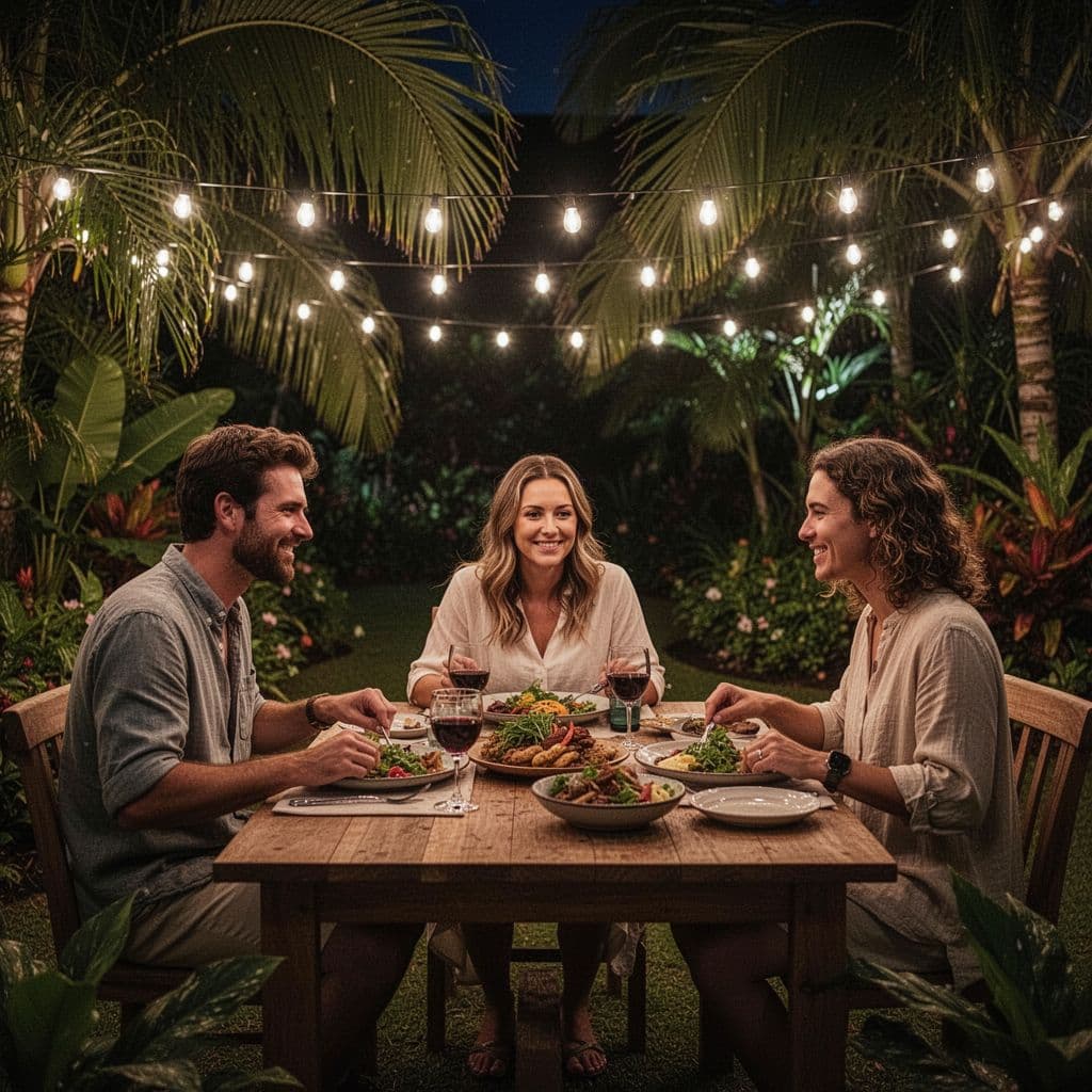 Three friends enjoy a relaxed meal at a wooden table in a dimly lit tropical garden at night.