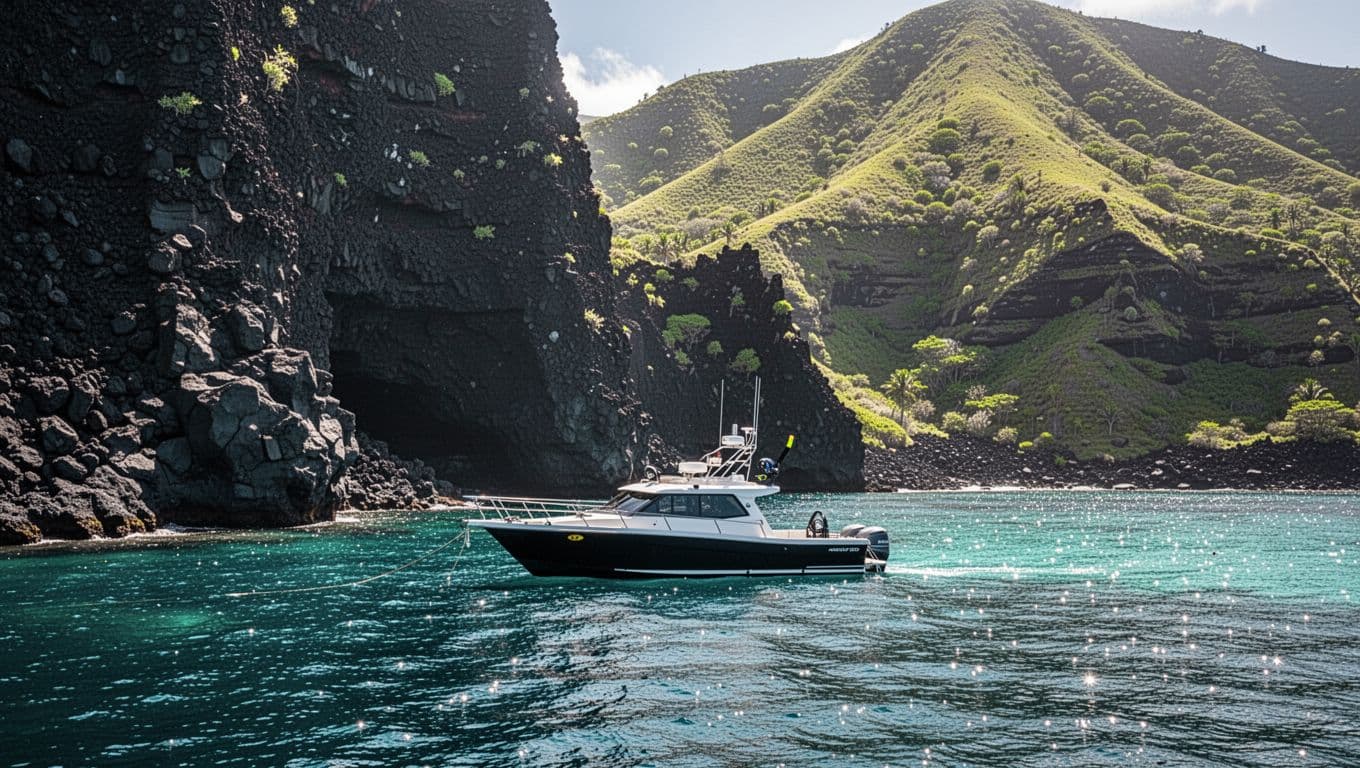 A snorkel boat anchored beside black lava cliffs and green coastal hills.
