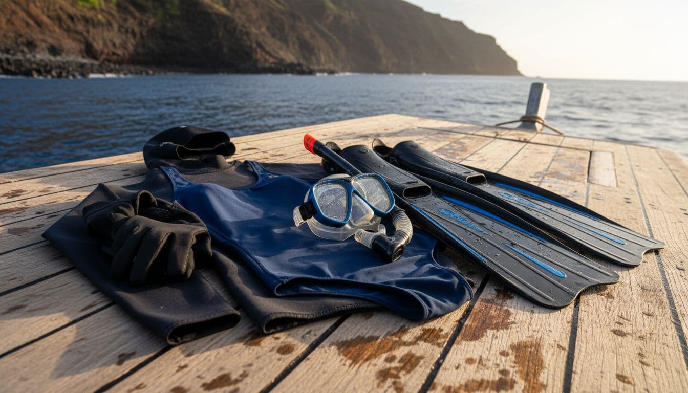 Close-up of layered rash guard, hood, gloves, booties next to mask, snorkel, fins on boat deck with blurred volcanic coastline background.