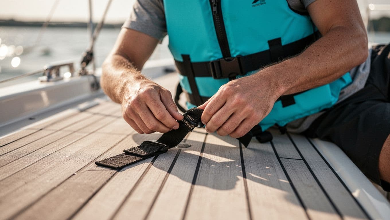 Person tightening a bright cyan life jacket strap on a boat deck.