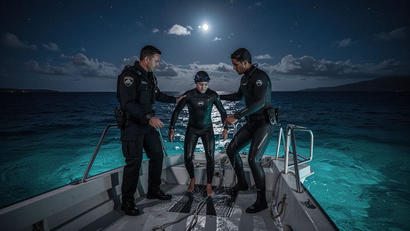 A lifeguard helps a swimmer board a boat at night in blue ocean water.