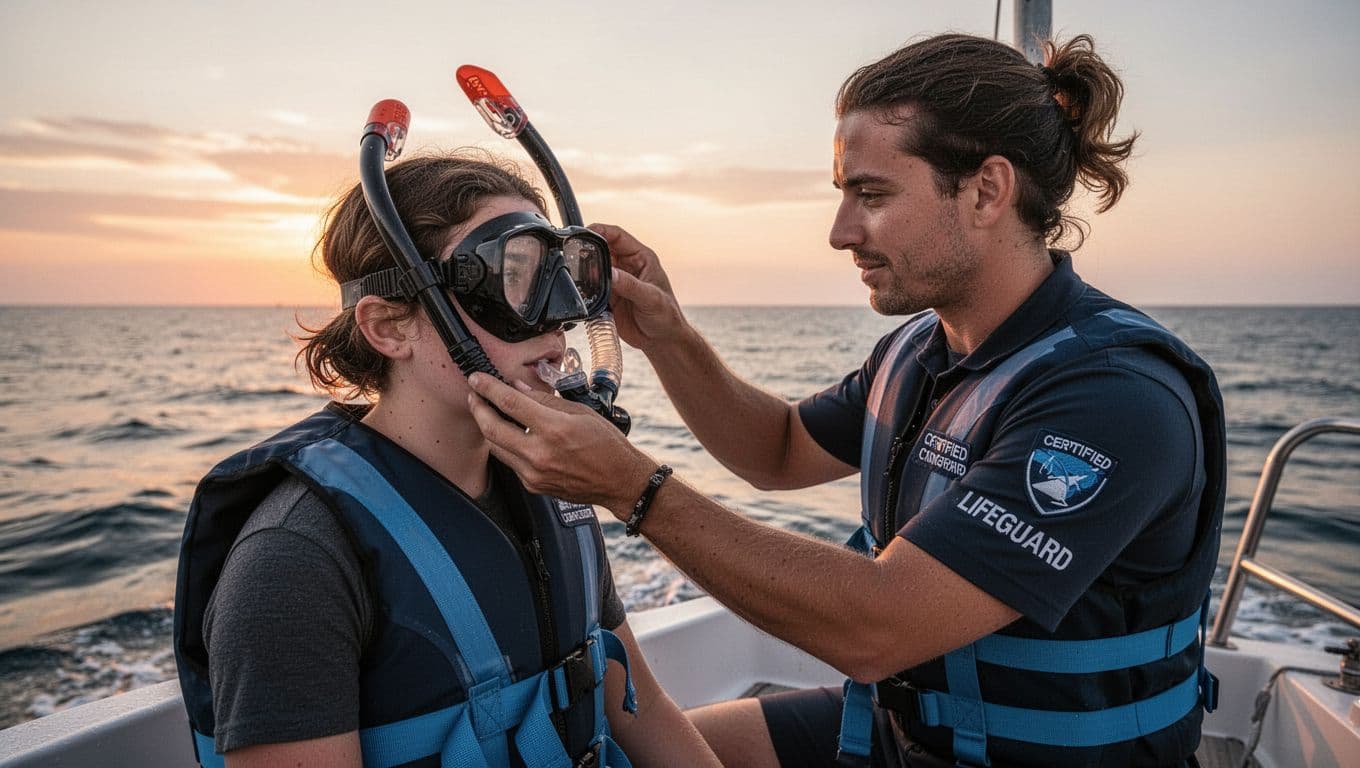 Lifeguard guide on Kona boat adjusts guest's snorkel mask over calm ocean at sunset.