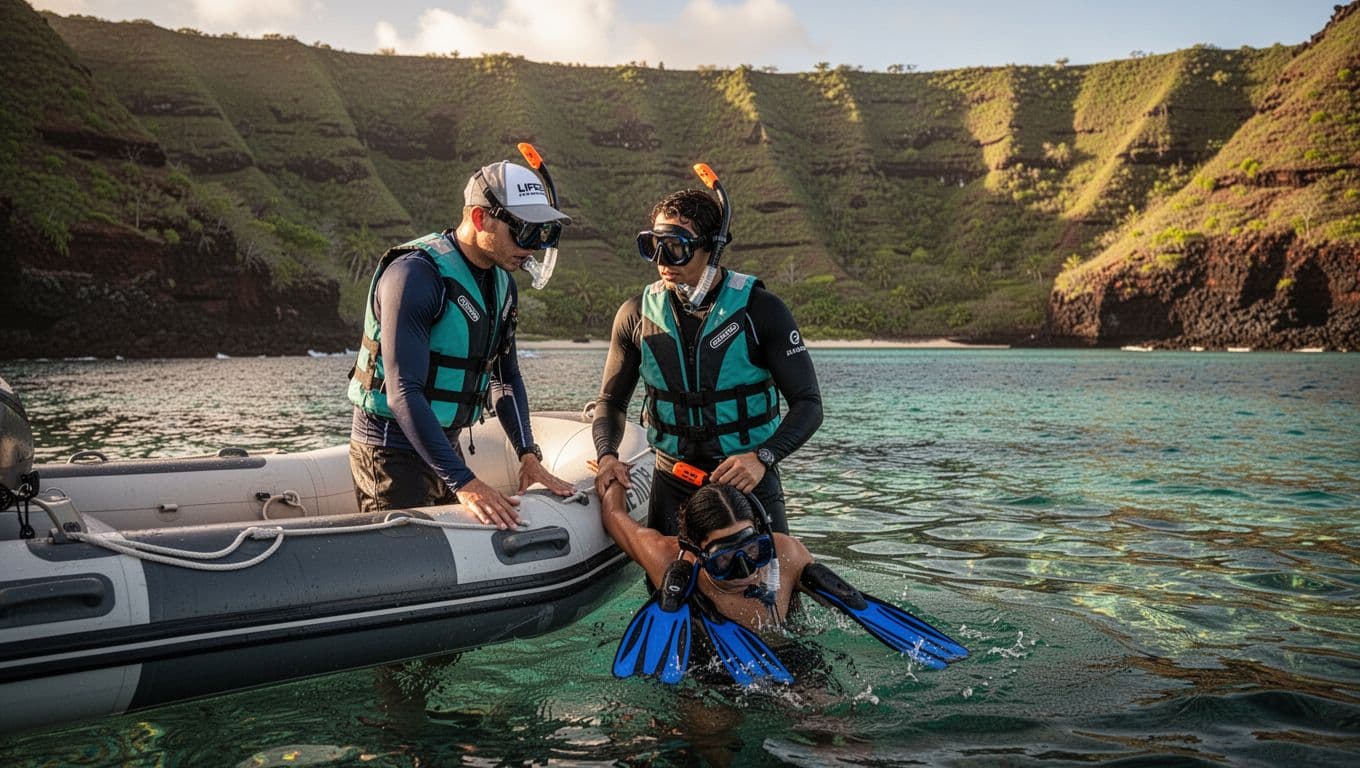 Lifeguard guide in rash guard helps snorkeler adjust fins near inflatable boat amid turquoise waters and green volcanic cliffs.