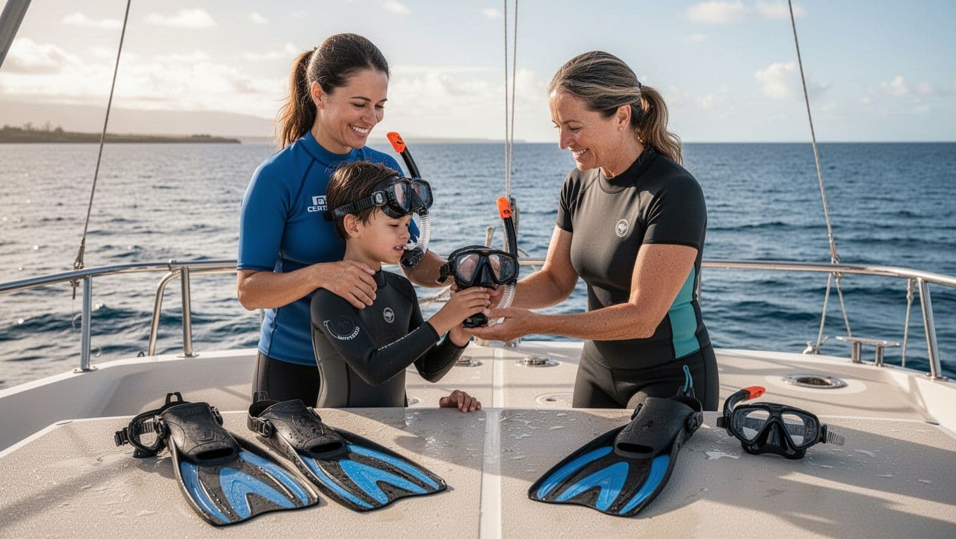 A smiling lifeguard-certified guide reassuringly helps a non-swimmer adult and child don modern snorkel gear on a boat deck at Honokohau Marina, Big Island, Hawaii, against a calm sunny ocean backdrop.