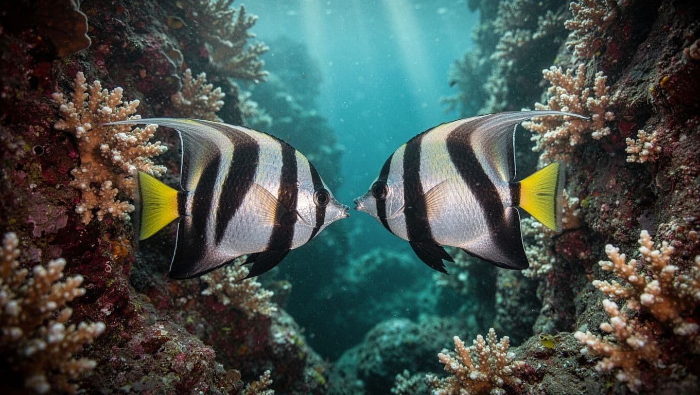 Two lined butterflyfish with black stripes and yellow tails pick at coral polyps on vibrant reef wall, sunlight filtering from above.